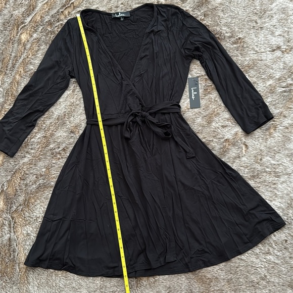 Lulu’s All At Once Black Three-Quarter Sleeve Wrap Mini Dress Large - Picture 6 of 11